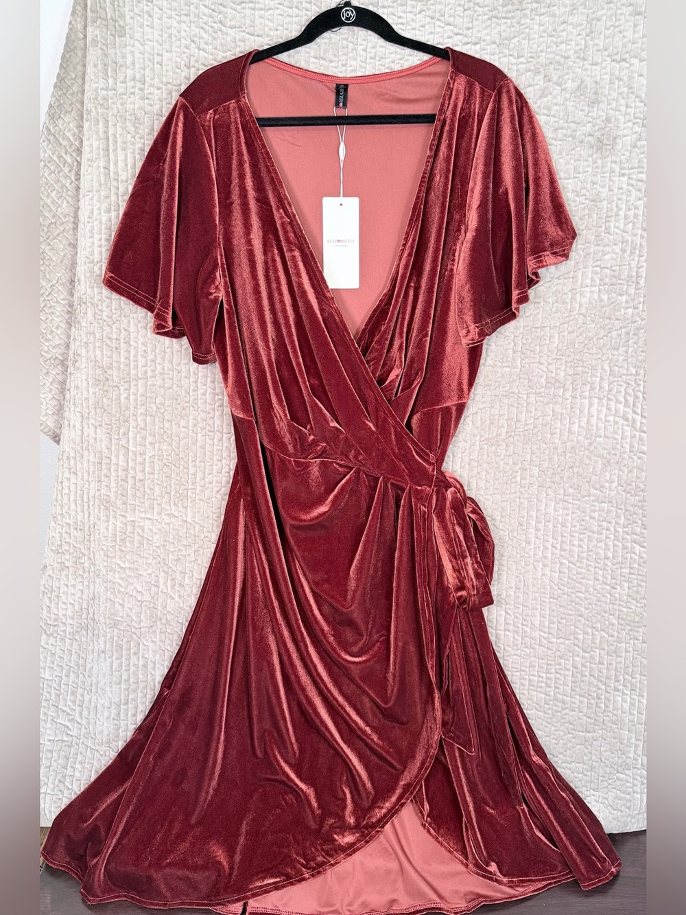 EVER-PRETTY Brick Red Velvet Wrap MIDI Dress Faux Wrap Wedding Size 22 NWT - Picture 3 of 8